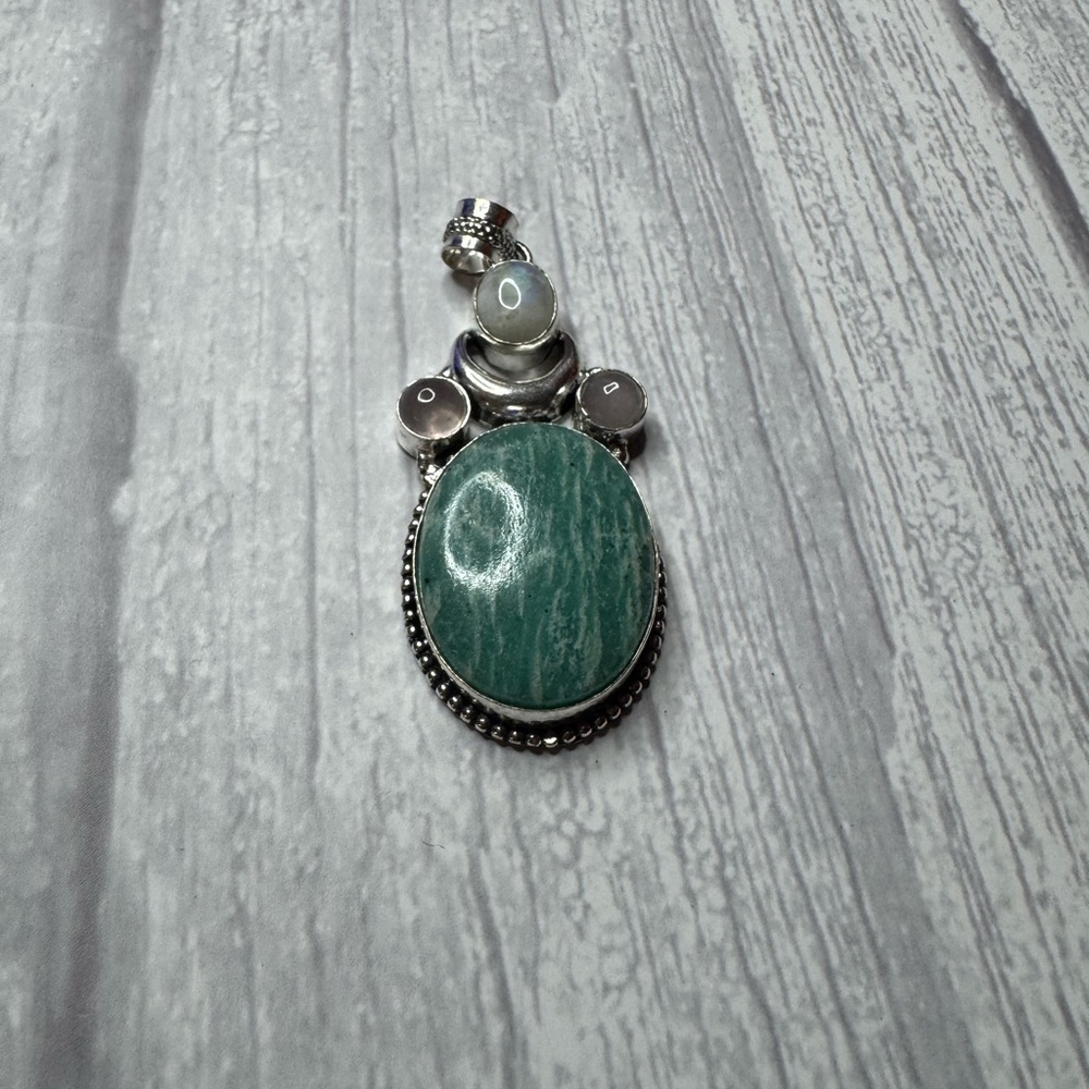 Moon Amazonite Rose Quartz. 925 Silver Plated Pendant. 2.5"